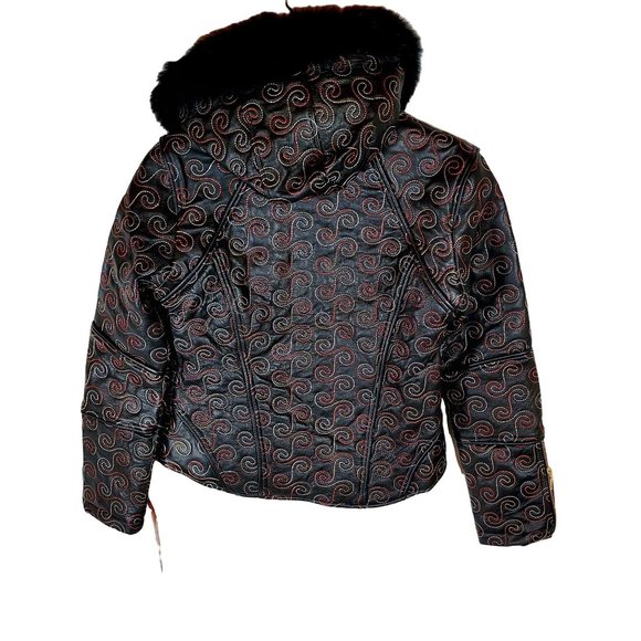 New -  Oscar Kids Black Leather Zip Up Jacket With Fur Hood & Gold Zippers. NWT - Picture 2 of 7